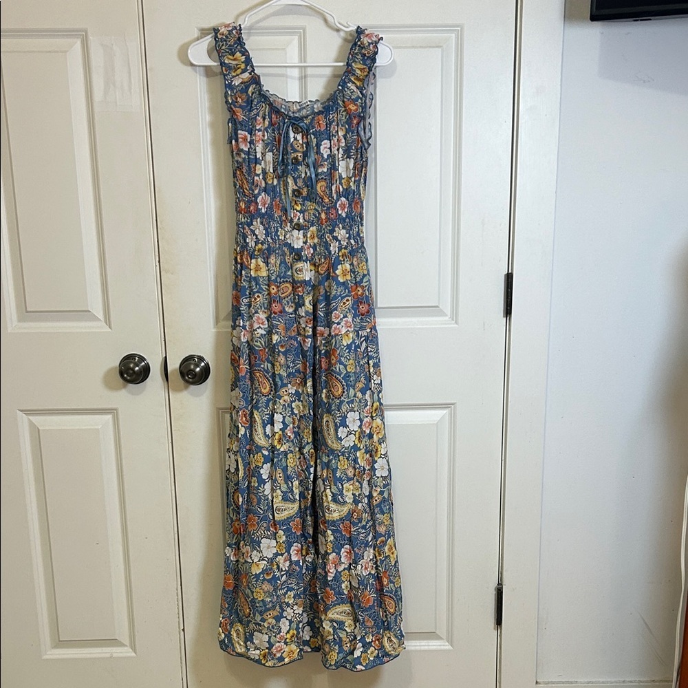 Ostoo women’s 2025 BoHo Floral Maxi Dress size large blue yellow sleeveless